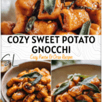 Bowl of sweet potato gnocchi with brown butter sage sauce and maple glaze served as a cozy fall dish.